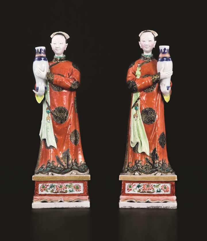 Pair of chinese export porcelain nodding head famille rose figures